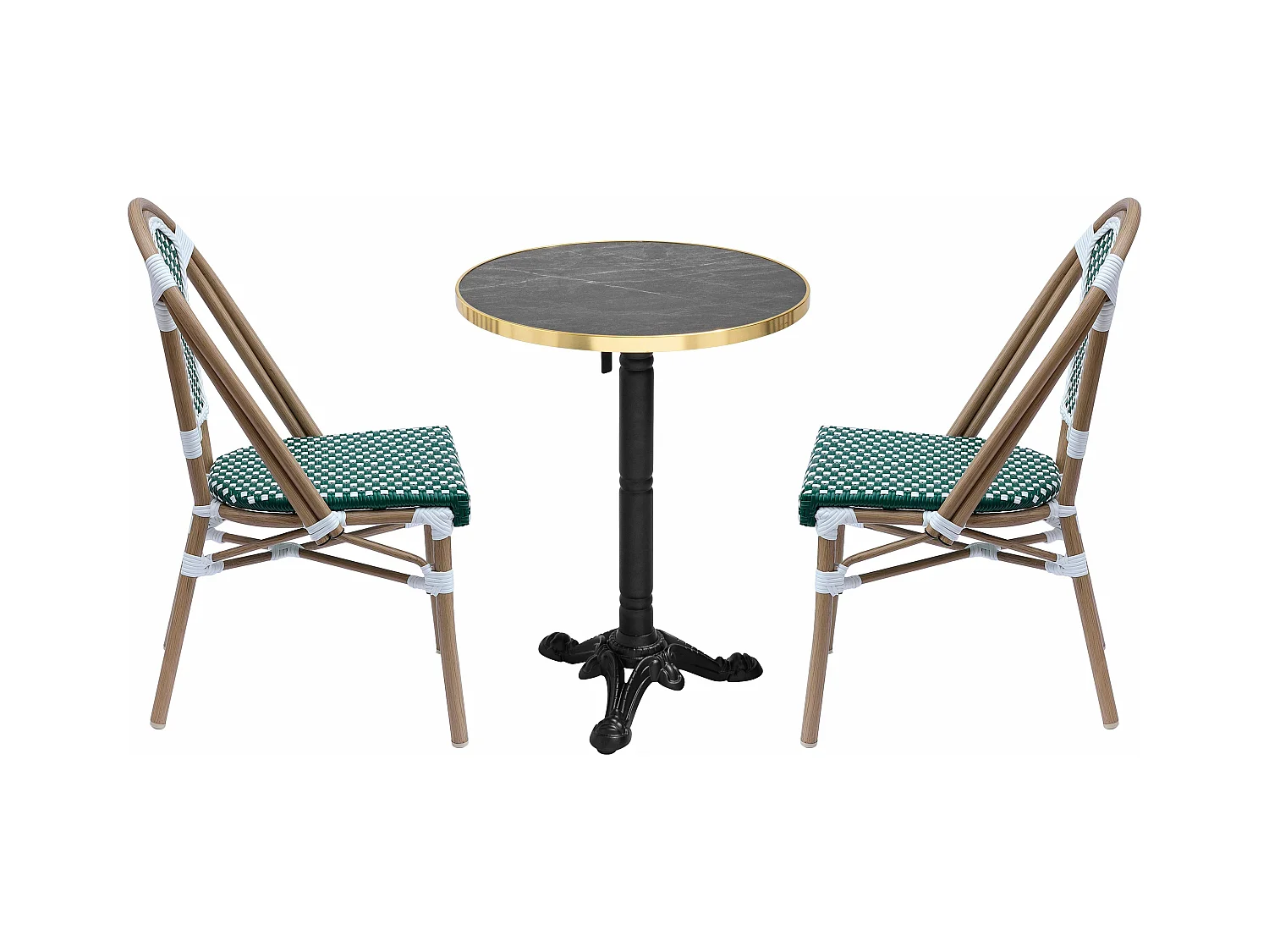 Ensemble table de terrasse inclinable marbre noir et 2 chaises vert