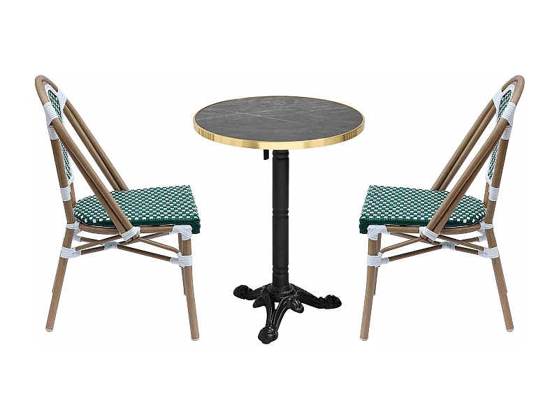 Set van zwart marmeren verstelbare terrastafel en 2 groene stoelen