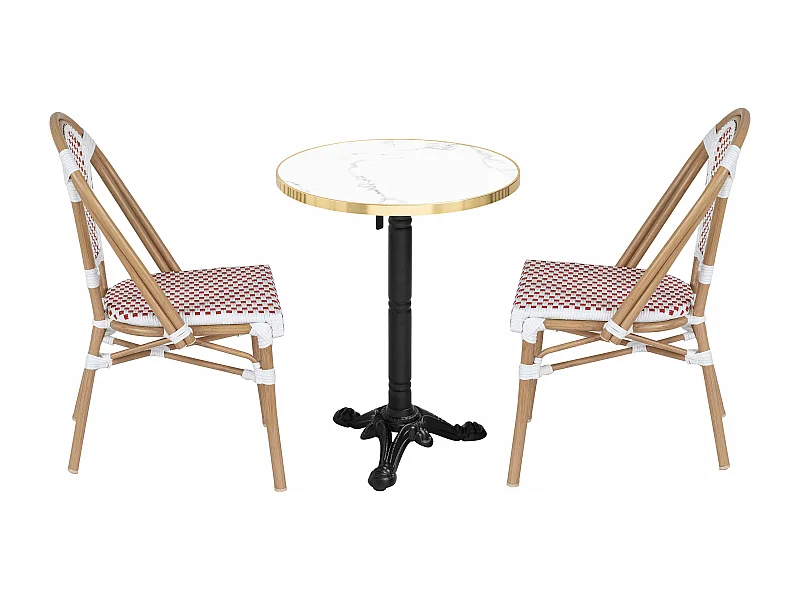 Ensemble table de terrasse inclinable marbre blanc et 2 chaises rouge