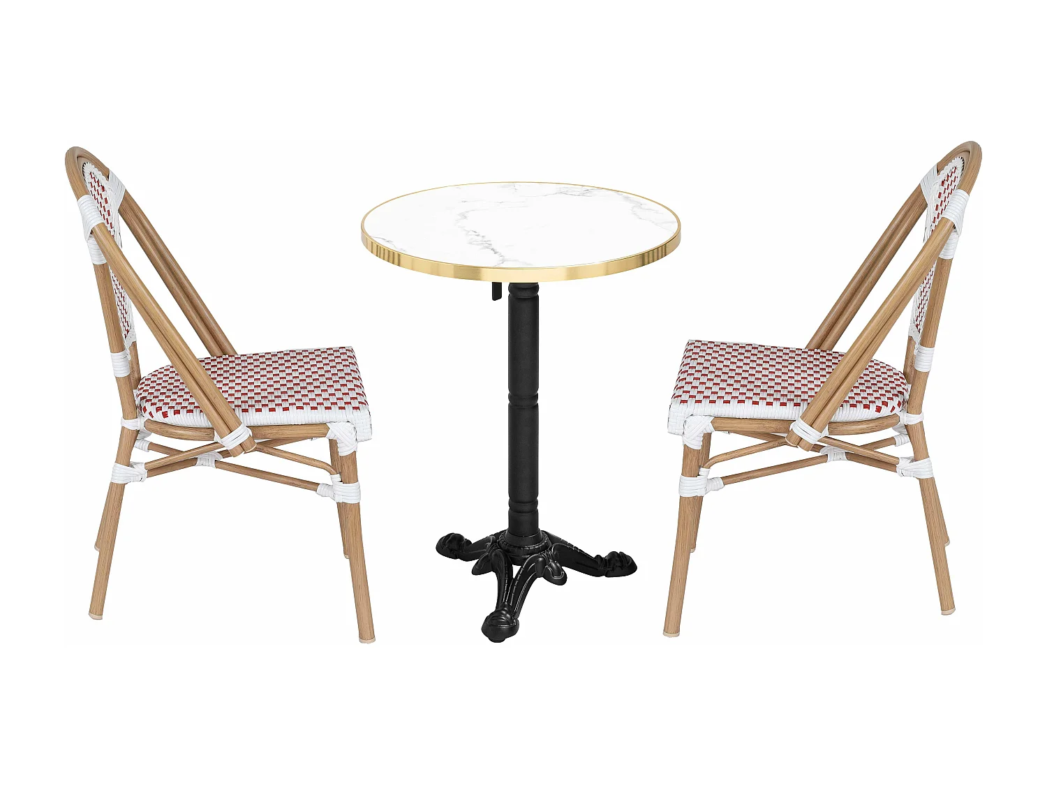 Ensemble table de terrasse inclinable marbre blanc et 2 chaises rouge