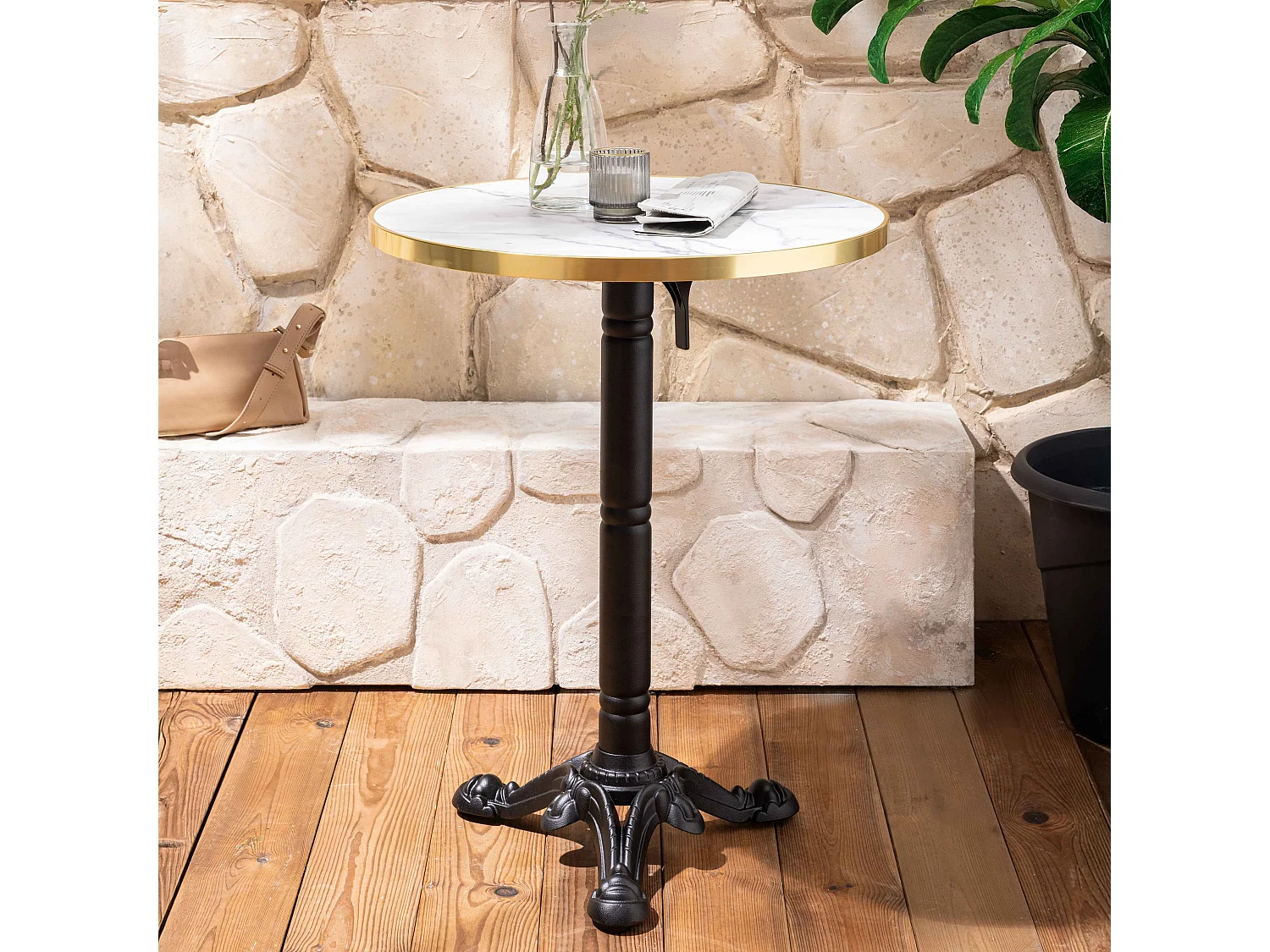 Ensemble table de terrasse inclinable marbre blanc et 2 chaises rouge