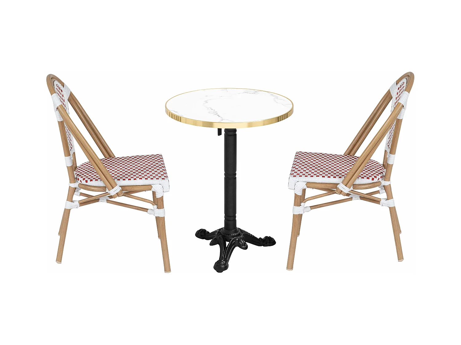 Ensemble table de terrasse inclinable marbre blanc et 2 chaises rouge