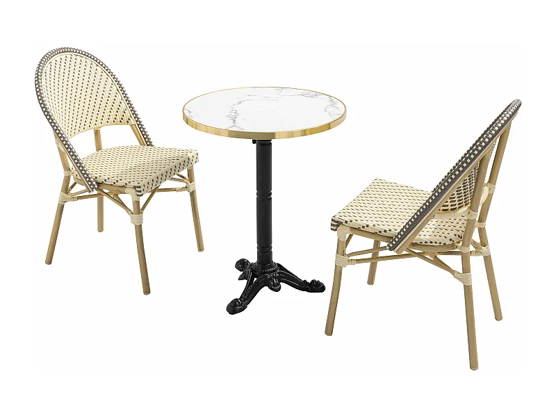 Table de terrasse 60cm inclinable marbre blanc et 2 chaises gris