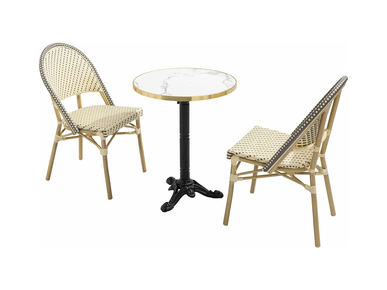 Witte marmeren terrastafel van 60 cm en 2 grijze stoelen
