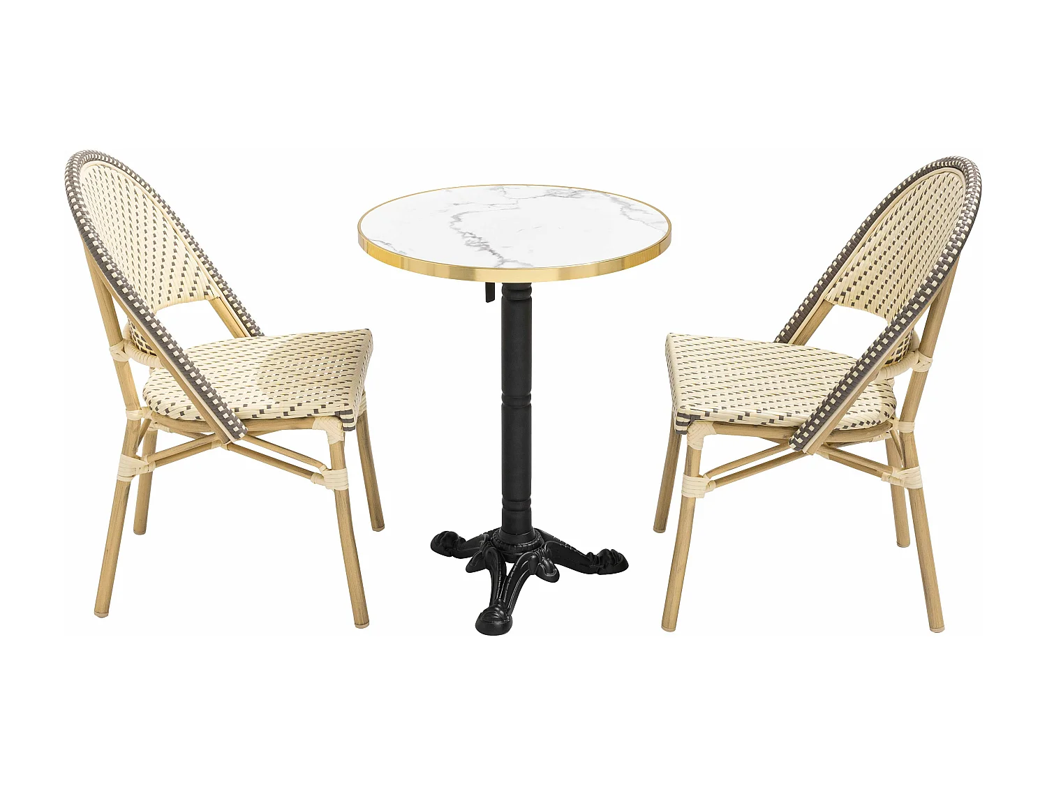 Witte marmeren terrastafel van 60 cm en 2 grijze stoelen