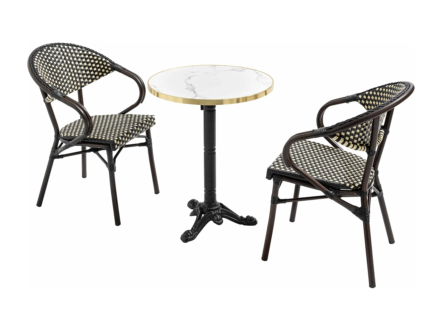 Table de terrasse 60cm inclinable marbre blanc et 2 chaises noires