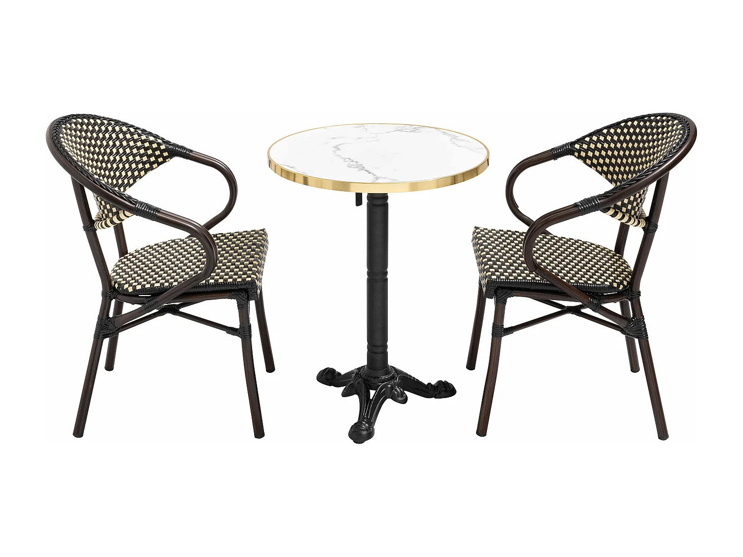 Table de terrasse 60cm inclinable marbre blanc et 2 chaises noires