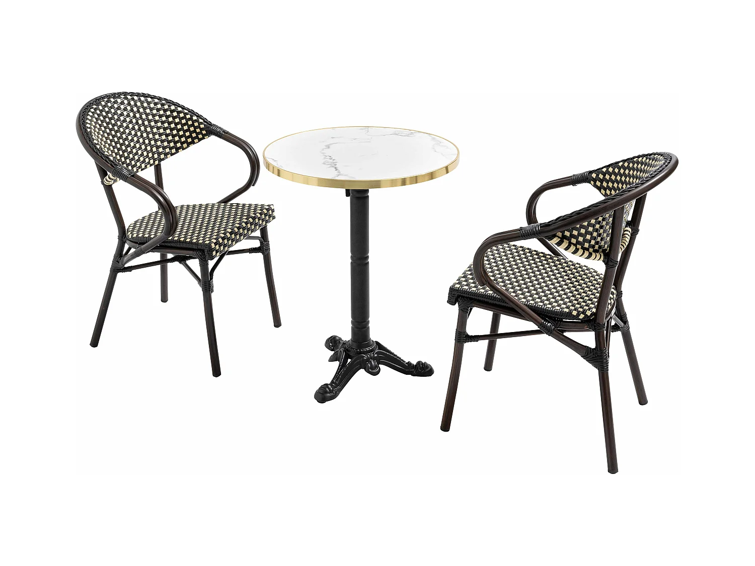 60 cm witte marmeren verstelbare terrastafel en 2 zwarte stoelen