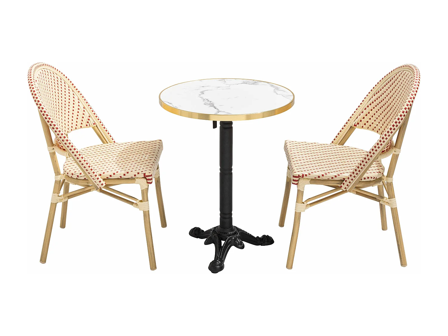 Table de terrasse 60cm inclinable marbre blanc et 2 chaises rouge