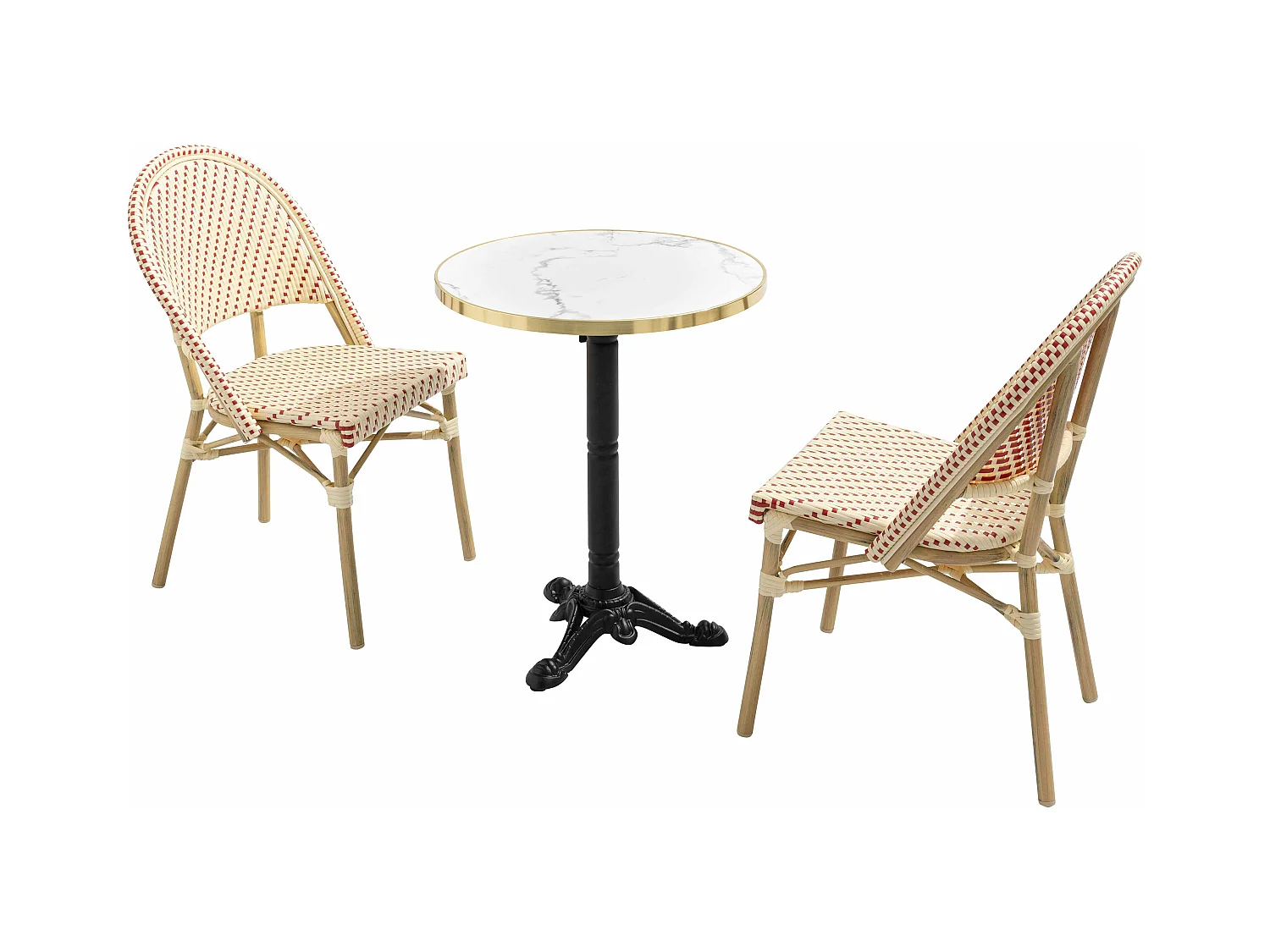 Witte marmeren terrastafel van 60 cm en 2 rode stoelen