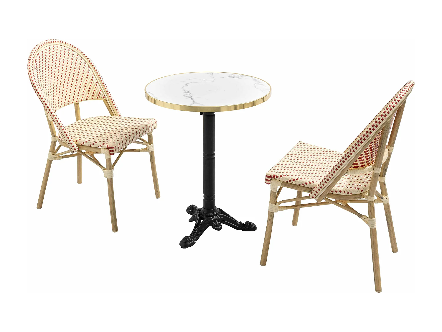 Witte marmeren terrastafel van 60 cm en 2 rode stoelen