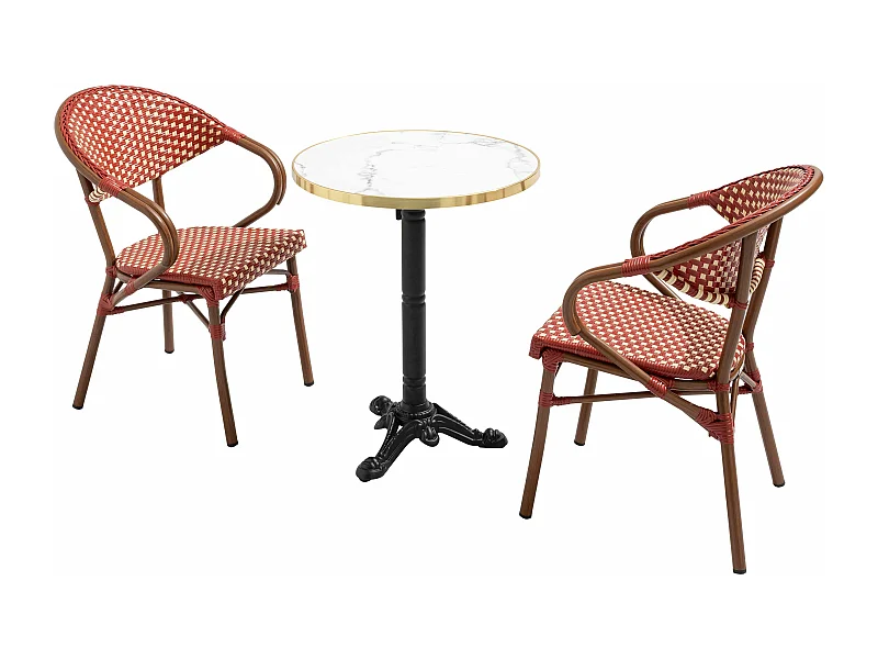 Table de terrasse 60cm inclinable marbre blanc et 2 chaises rouge