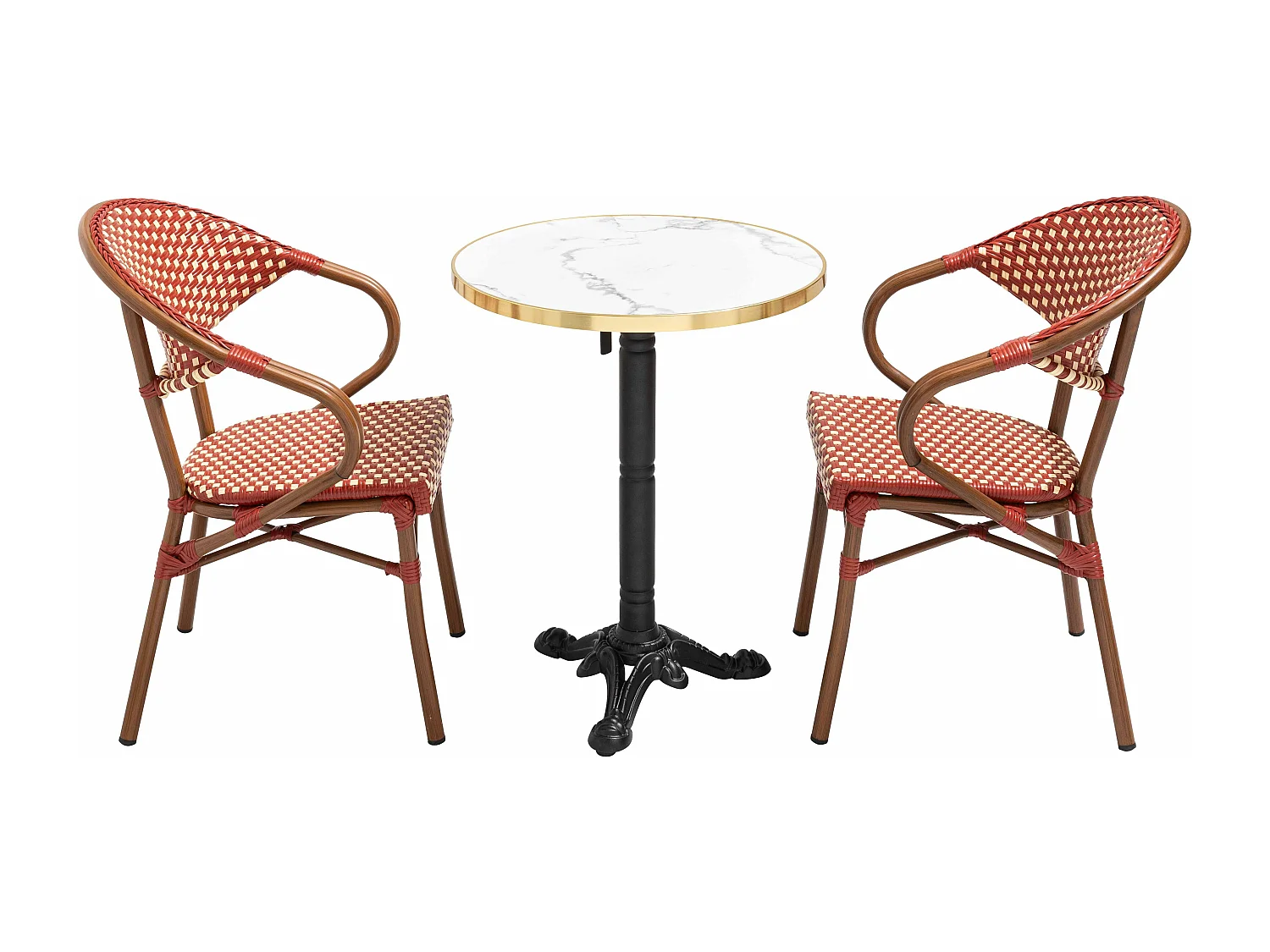 Table de terrasse 60cm inclinable marbre blanc et 2 chaises rouge