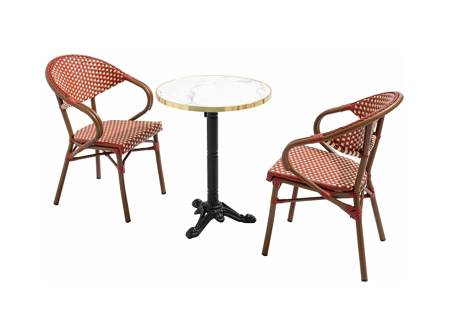 Table de terrasse 60cm inclinable marbre blanc et 2 chaises rouge