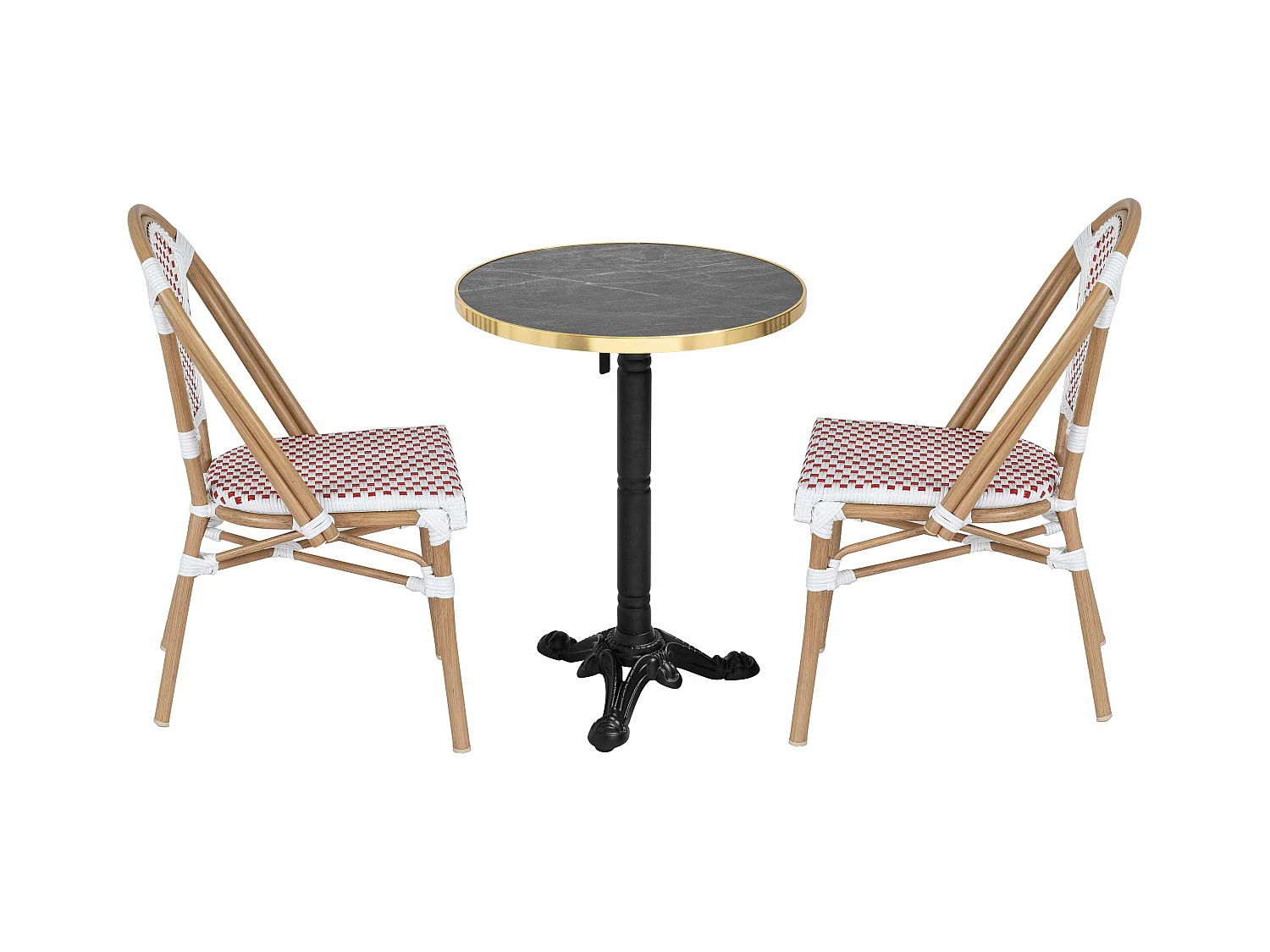 Ensemble table de terrasse inclinable marbre noir et 2 chaises rouge