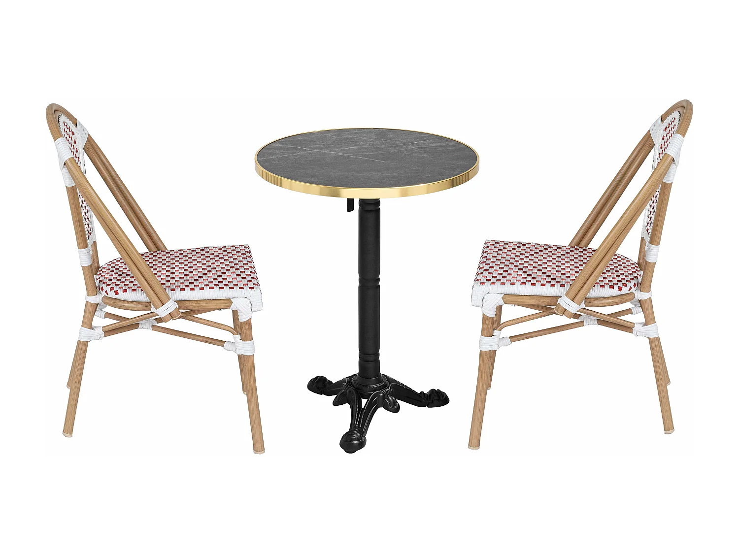 Ensemble table de terrasse inclinable marbre noir et 2 chaises rouge