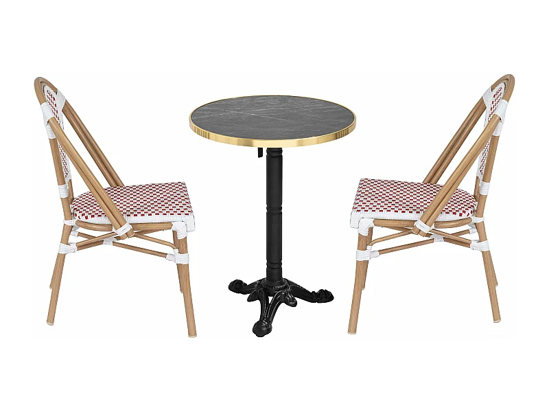 Ensemble table de terrasse inclinable marbre noir et 2 chaises rouge