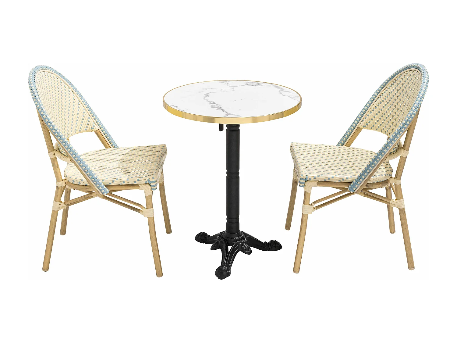Table de terrasse 60cm inclinable marbre blanc et 2 chaises bleu