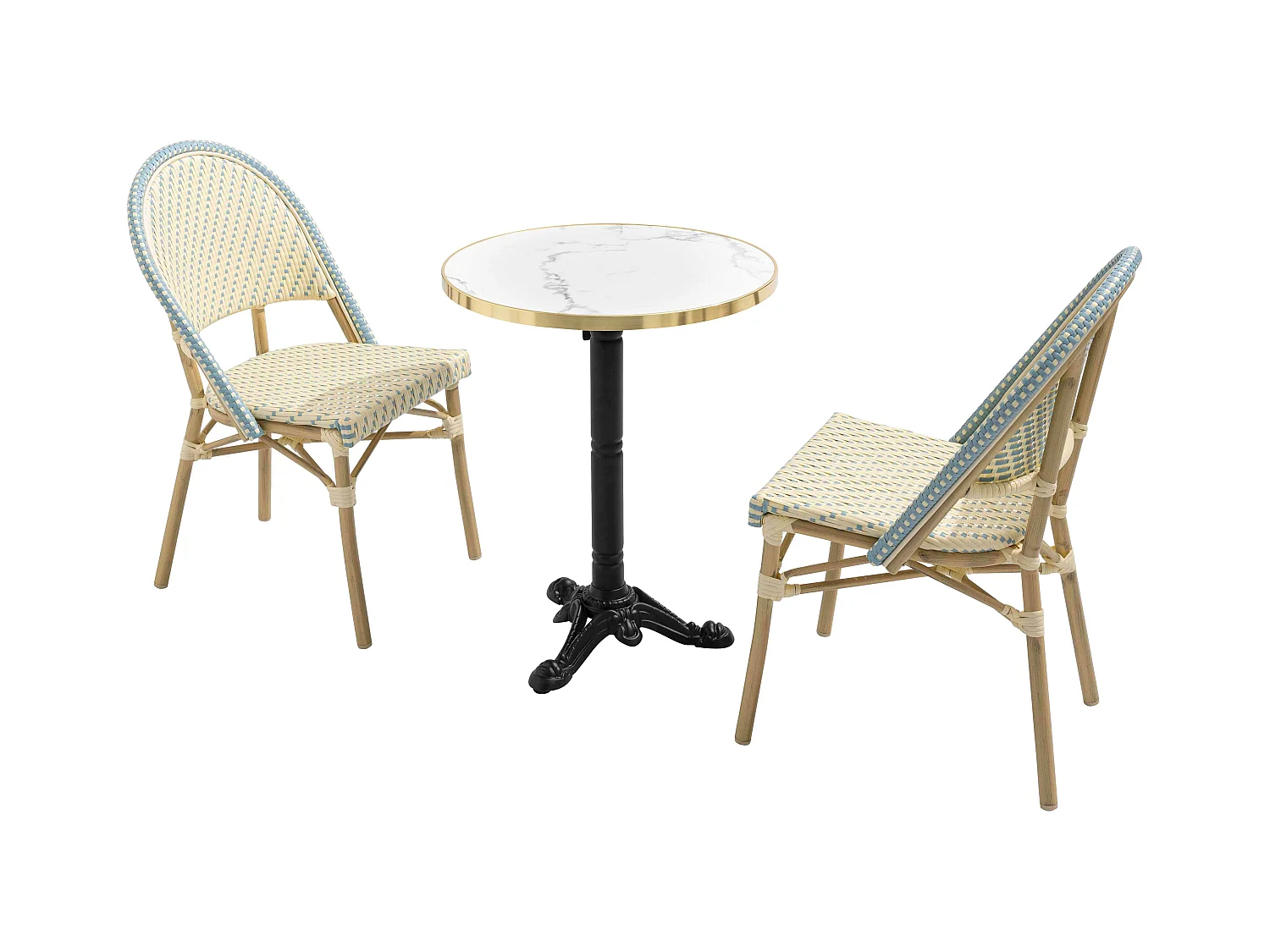 Witte marmeren liggende terrastafel van 60 cm en 2 blauwe stoelen