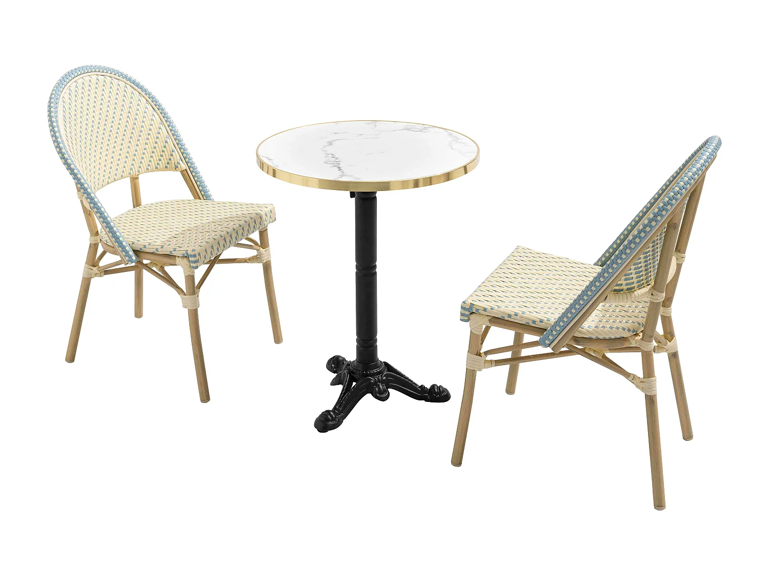 Table de terrasse 60cm inclinable marbre blanc et 2 chaises bleu