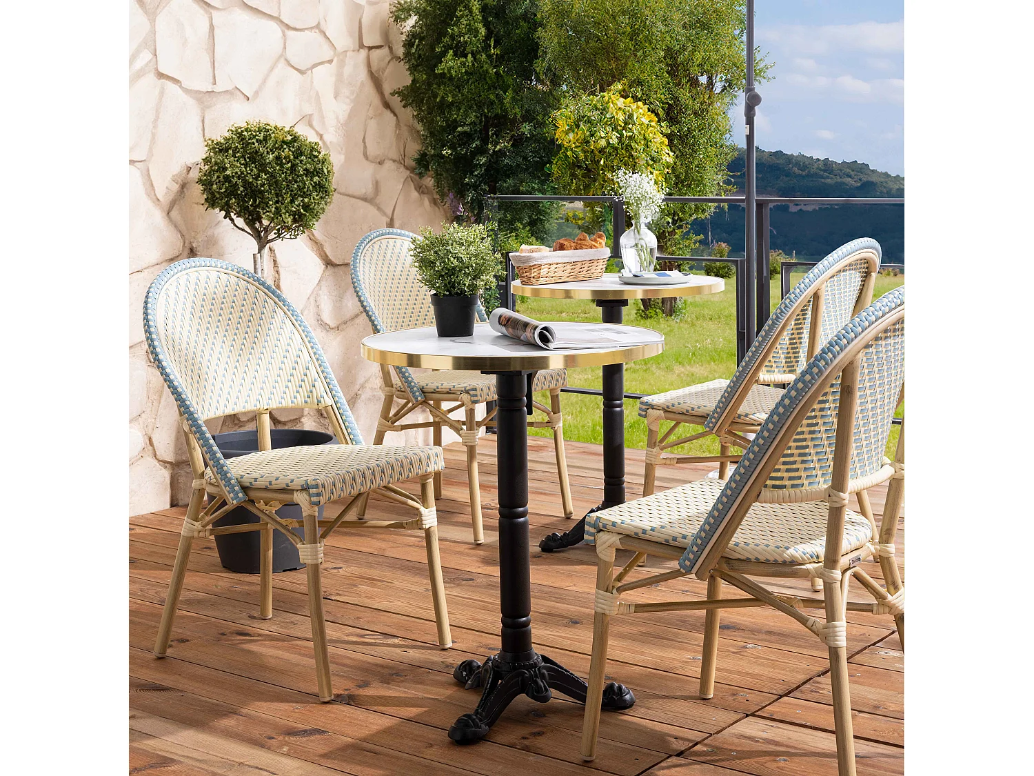 Table de terrasse 60cm inclinable marbre blanc et 2 chaises bleu