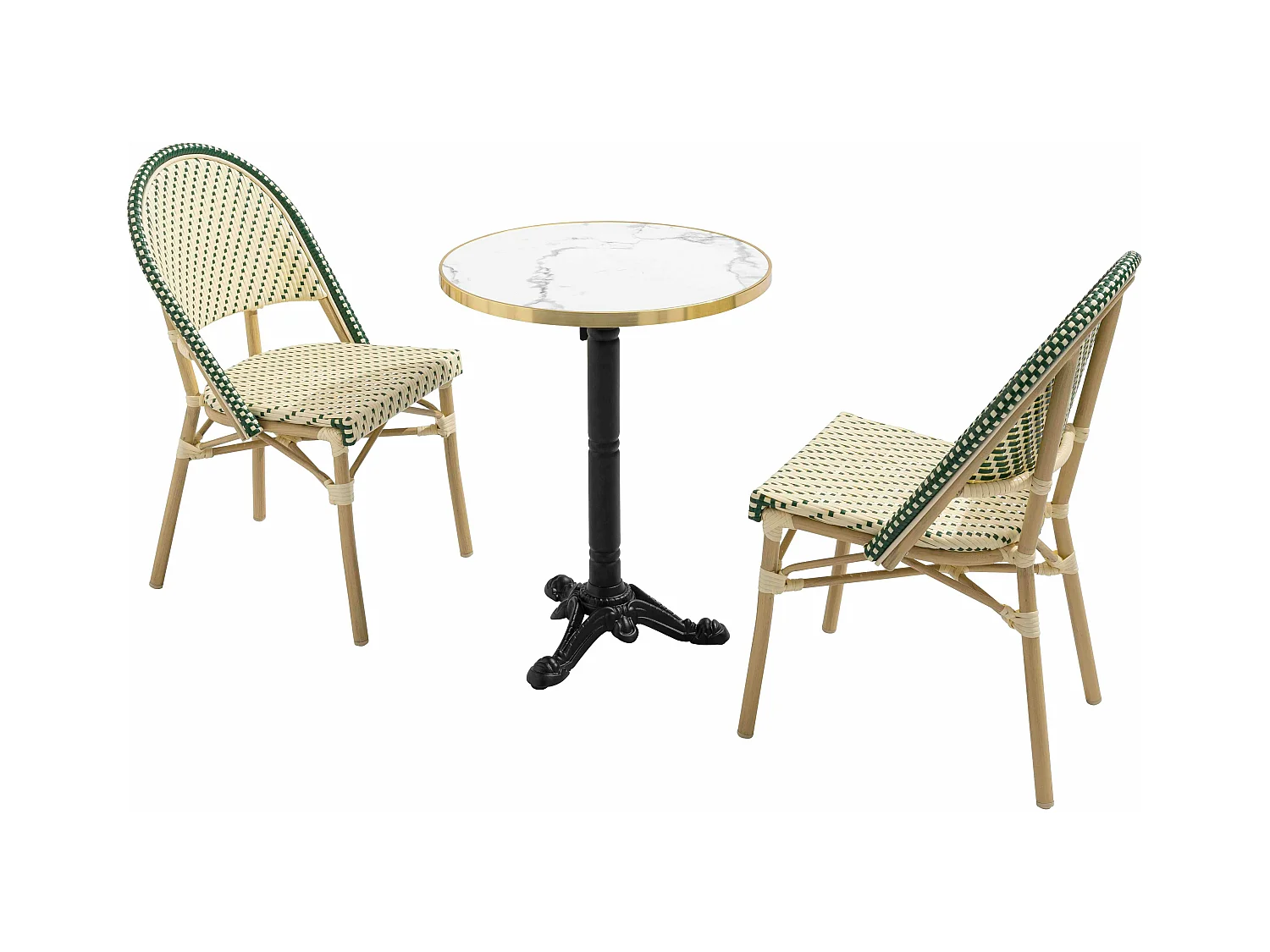 Witte marmeren liggende terrastafel van 60 cm en 2 groene stoelen