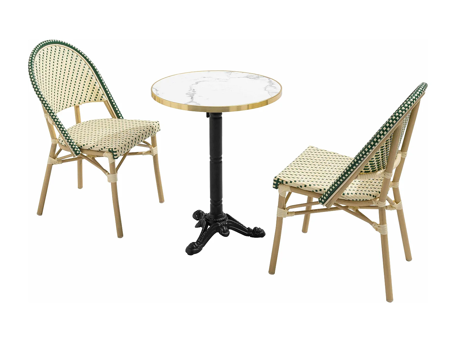 Witte marmeren liggende terrastafel van 60 cm en 2 groene stoelen