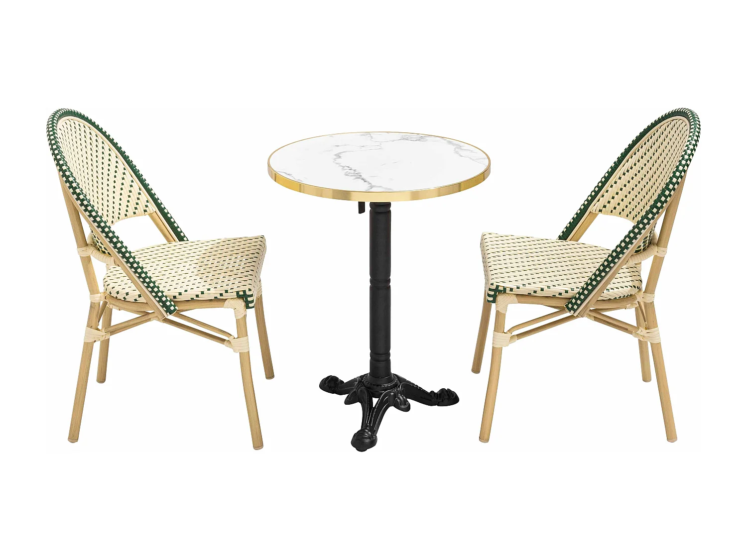 Witte marmeren liggende terrastafel van 60 cm en 2 groene stoelen