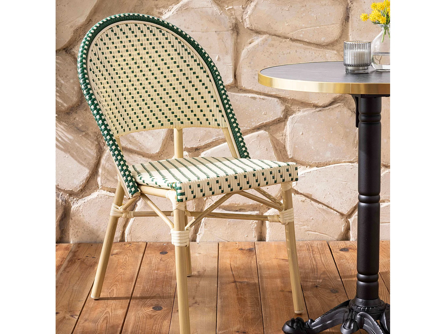 Table de terrasse 60cm inclinable marbre noir et 2 chaises vert