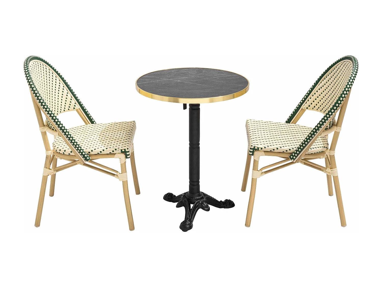 Table de terrasse 60cm inclinable marbre noir et 2 chaises vert