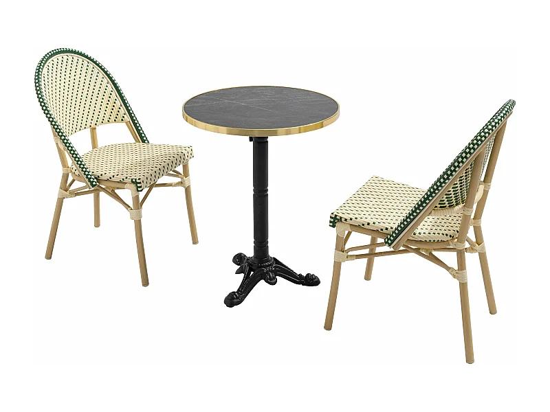 Liggende zwartmarmeren terrastafel van 60 cm en 2 groene stoelen