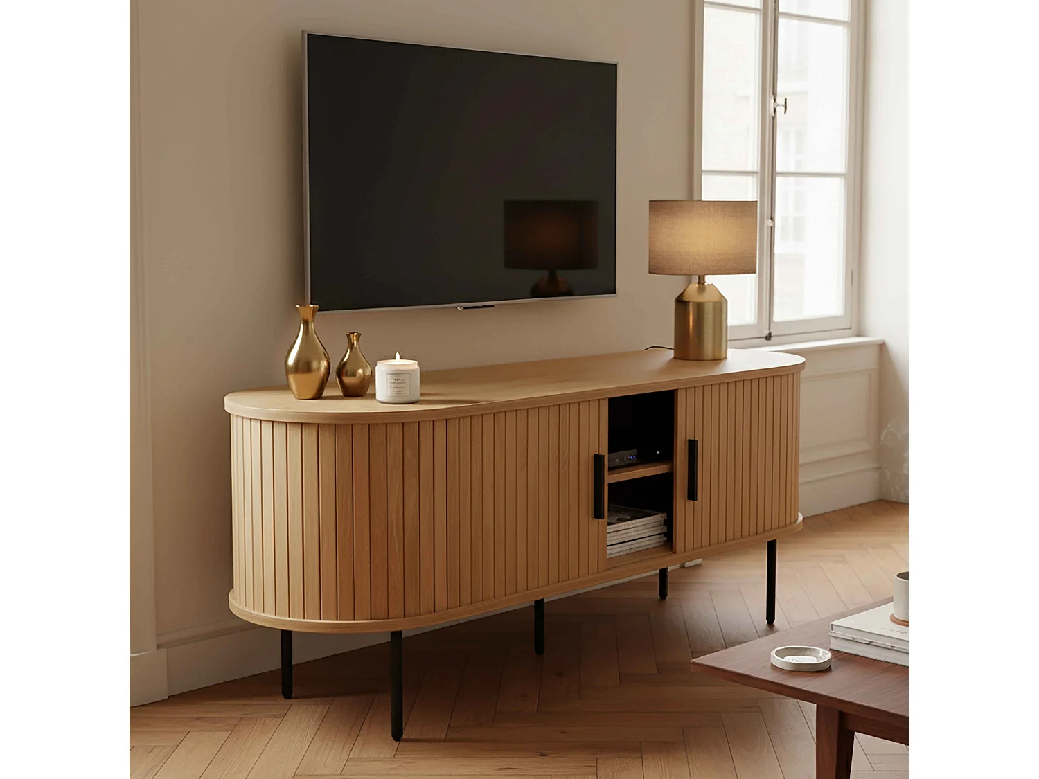 Meuble TV en mélaminé et acier 120 cm beige