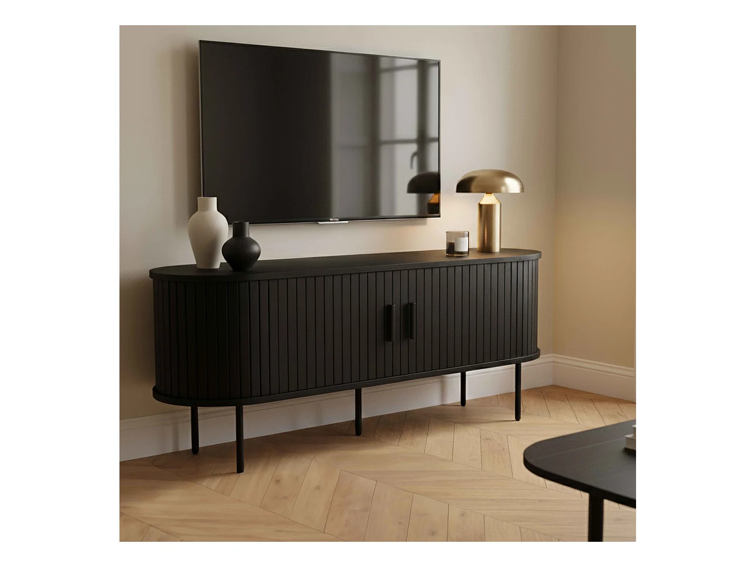 Meuble TV en mélaminé et acier 120 cm noir