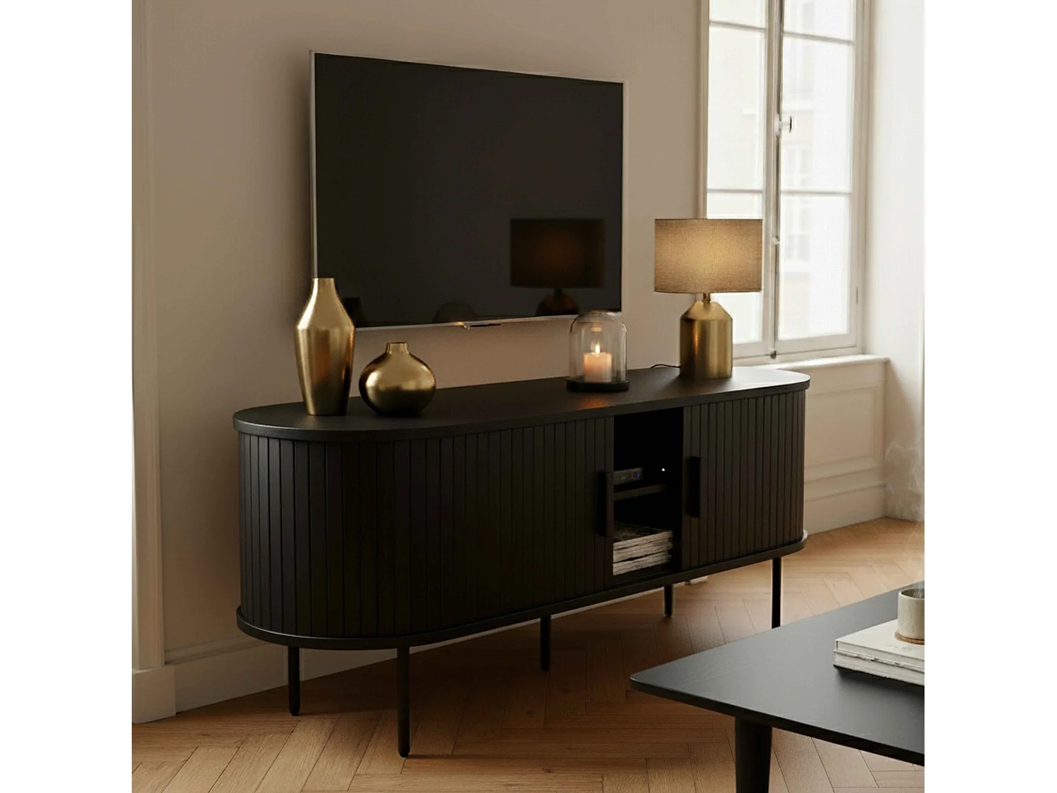 Meuble TV en mélaminé et acier 120 cm noir