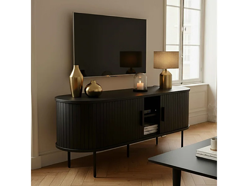 Meuble TV en mélaminé et acier 120 cm noir