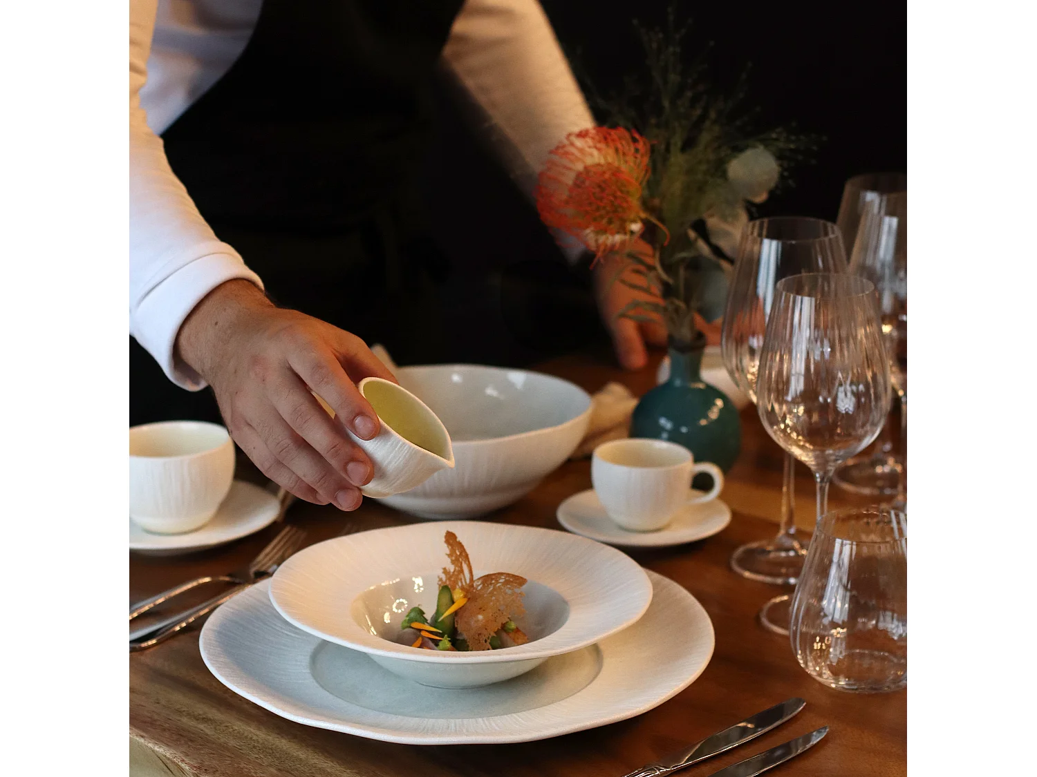 Ogo Living - Lot 4 Assiettes Gourmet Urus 23.5cm Porcelaine Beige Et Blanc