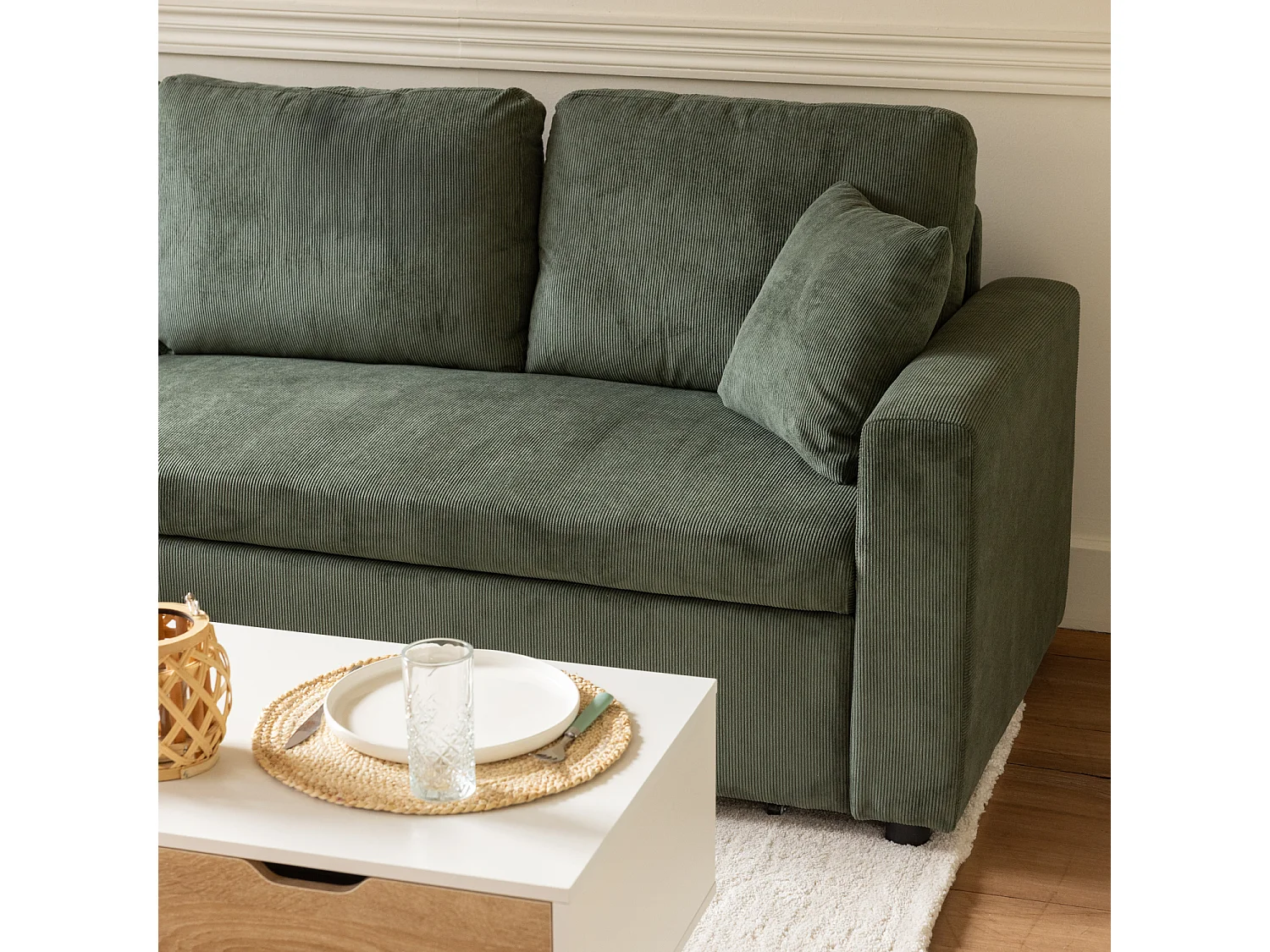 Canapé d'angle convertible CLARK 3 places en velours côtelé vert - HAPPY GARDEN