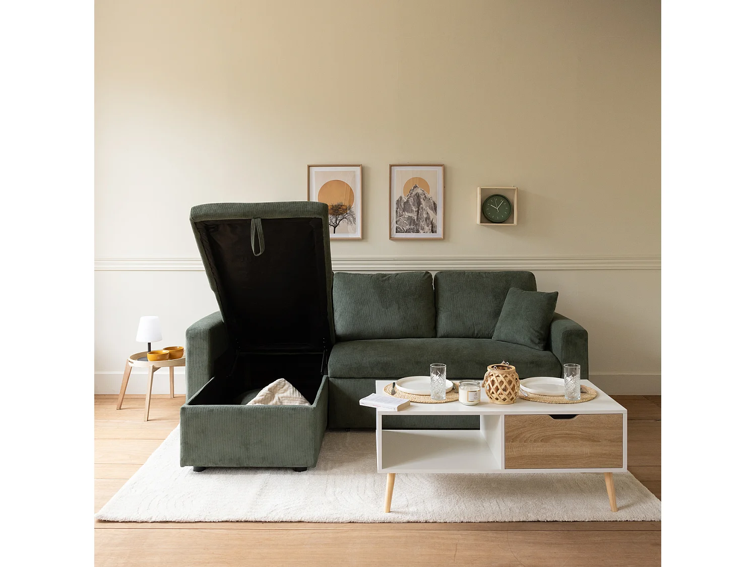 Canapé d'angle convertible CLARK 3 places en velours côtelé vert - HAPPY GARDEN