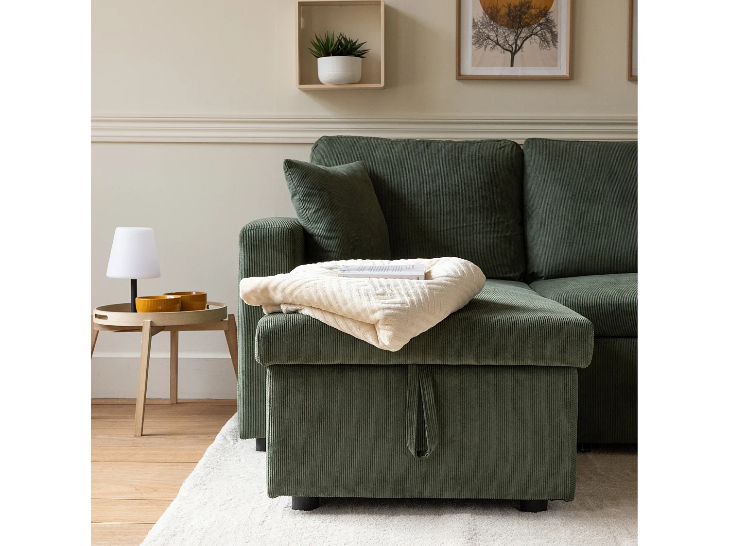 Canapé d'angle convertible CLARK 3 places en velours côtelé vert - HAPPY GARDEN