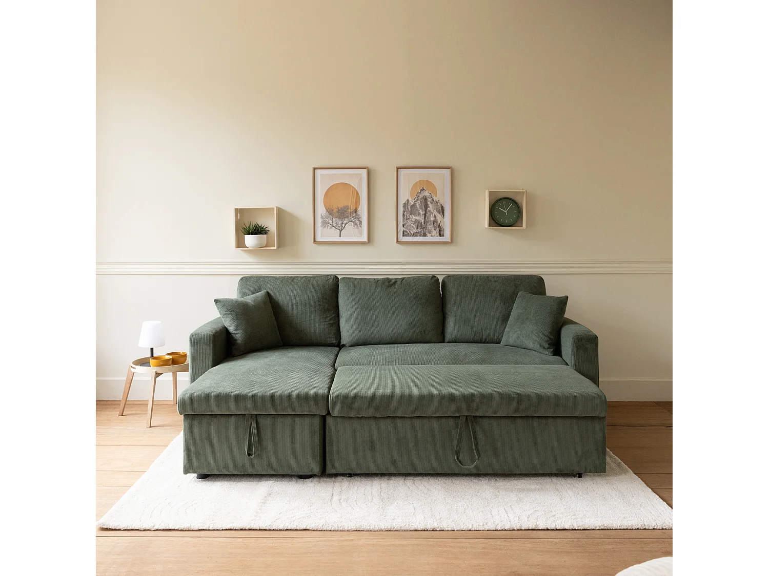 Canapé d'angle convertible CLARK 3 places en velours côtelé vert - HAPPY GARDEN