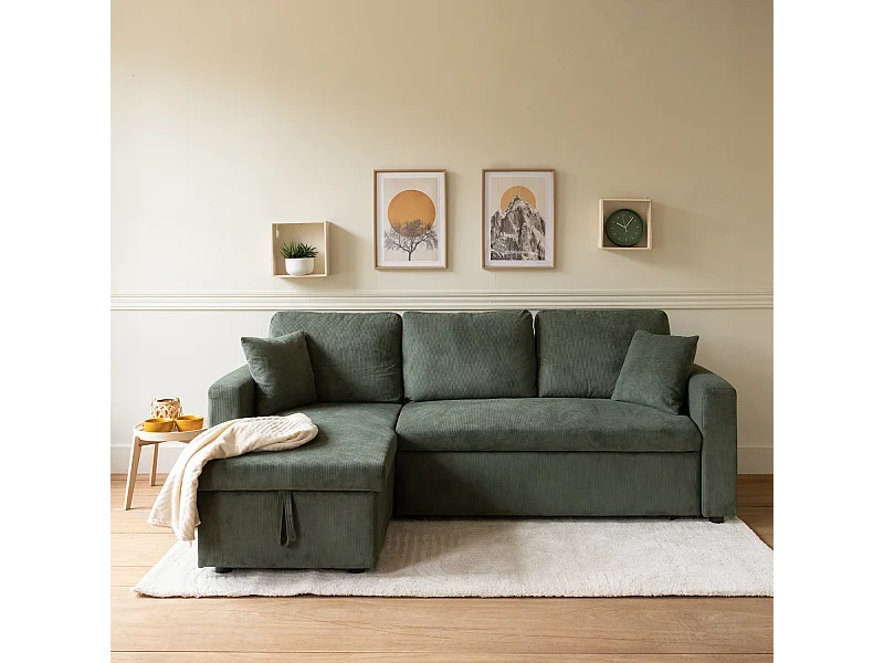 Divano letto angolare CLARK a 3 posti in velluto a coste verde