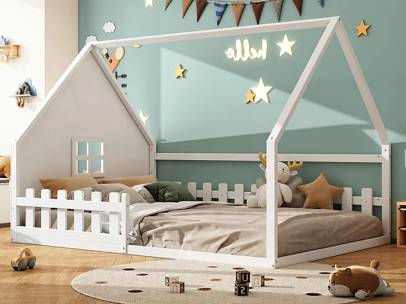 Hochbett für Kinder, 140 x 200 cm – Hausform – Kiefer und MDF – Weiß