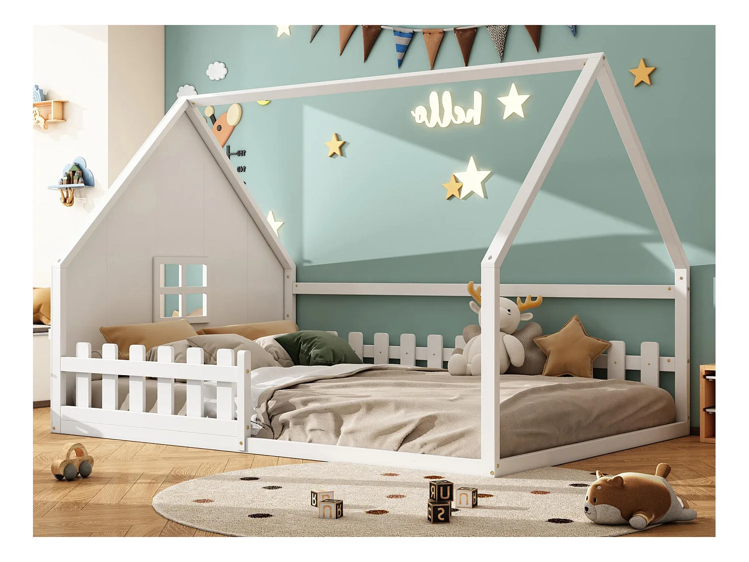 Lit cabane pour enfant 140x200 cm - en forme de maison - en bois de pin et MDF - Blanc