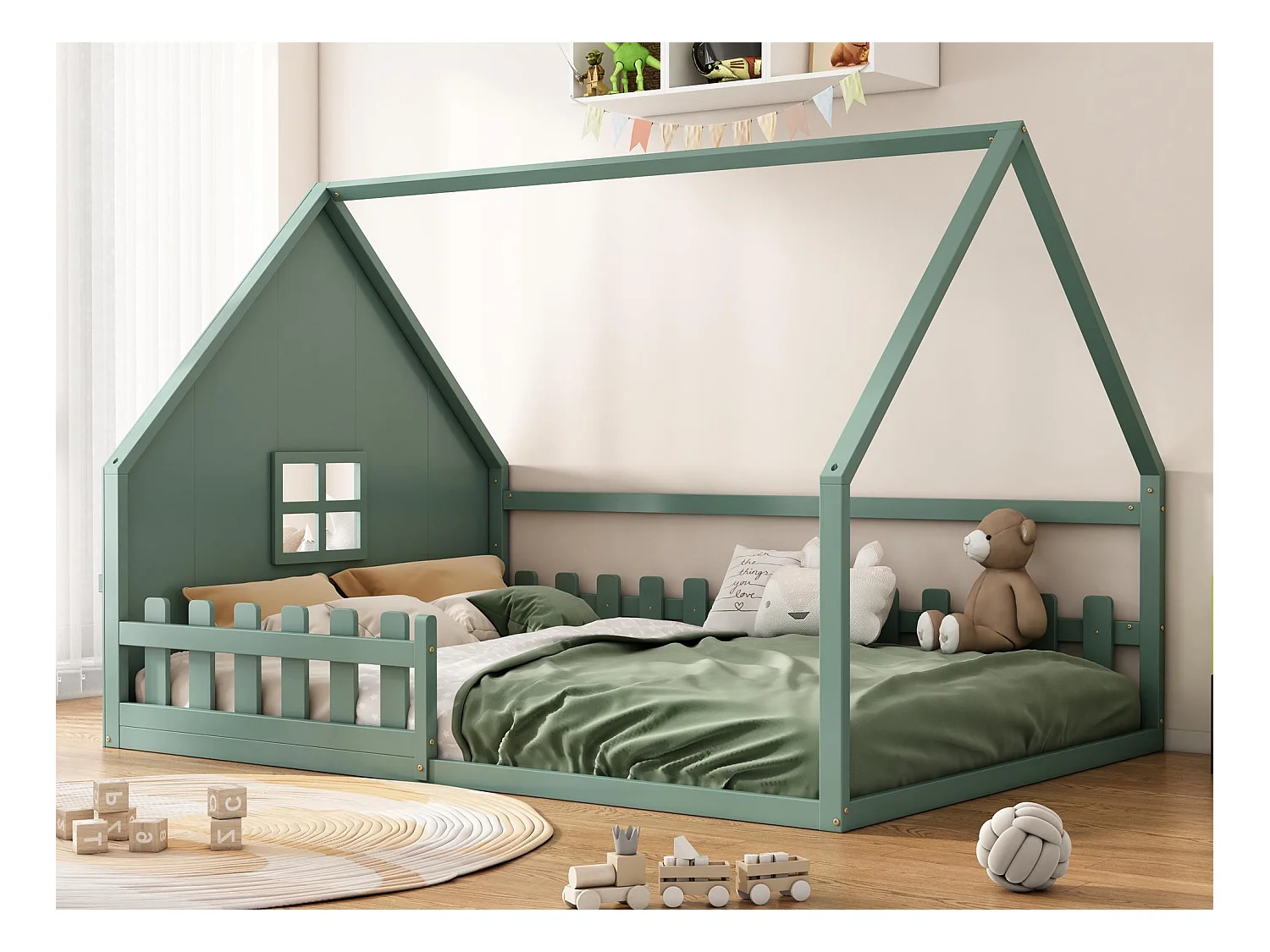 Lit cabane pour enfant 140x200 cm - en forme de maison - en bois de pin et MDF - Vert