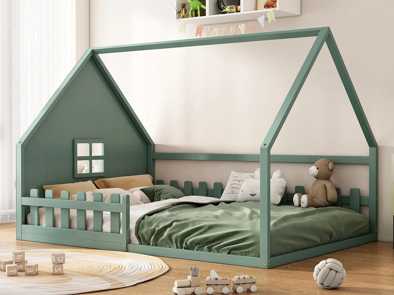 Lit cabane pour enfant 140x200 cm - en forme de maison - en bois de pin et MDF - Vert