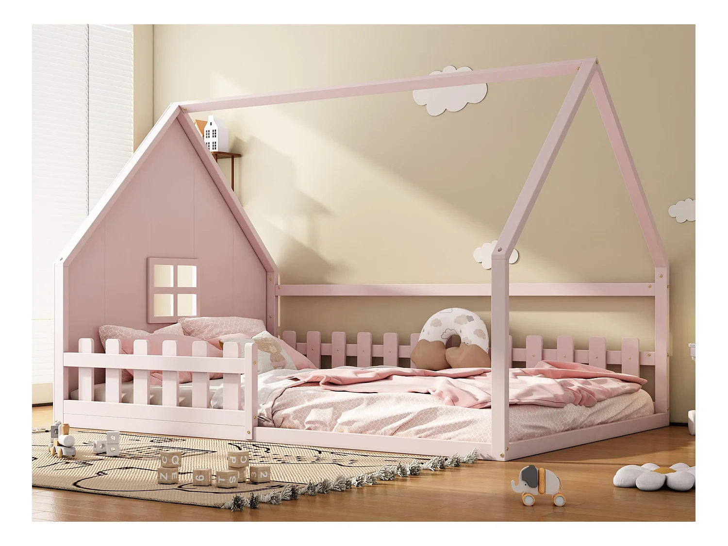Lit cabane pour enfant 140x200 cm - en forme de maison - en bois de pin et MDF - Rose