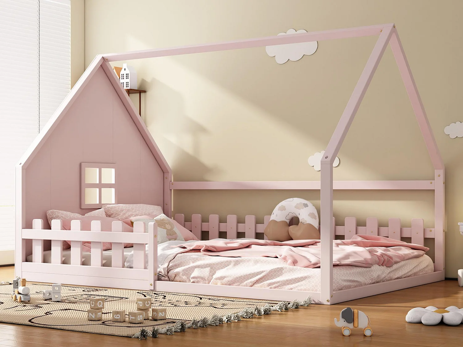 Hochbett für Kinder, 140 x 200 cm – Hausform – Kiefernholz und MDF – Rosa