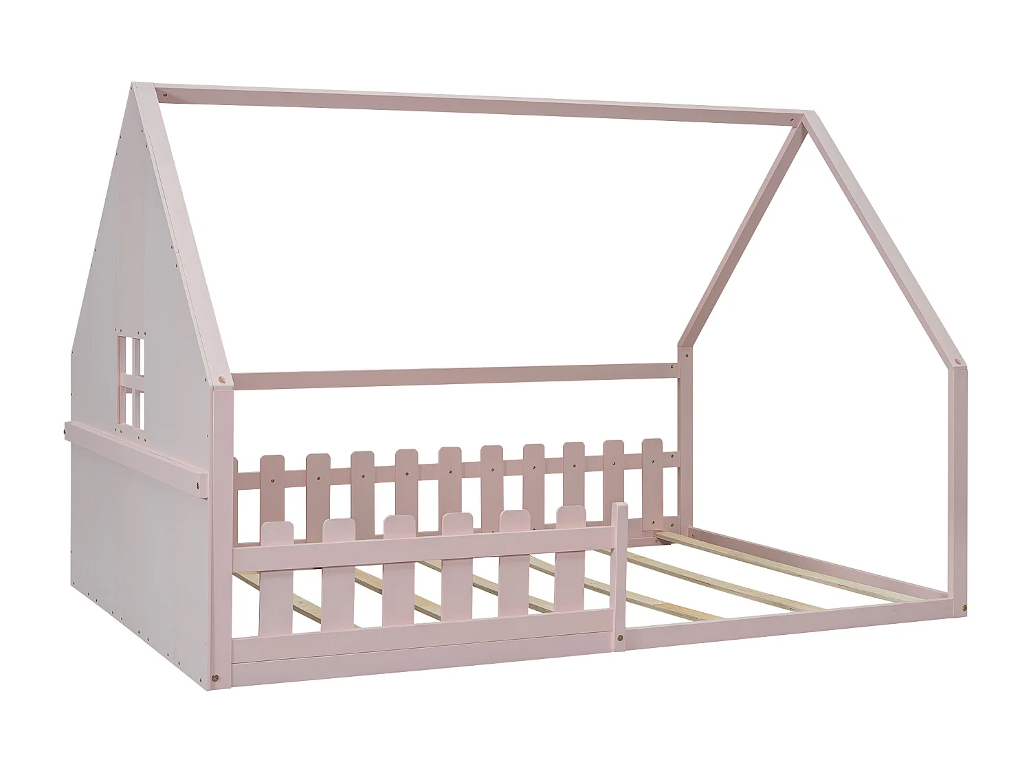 Hochbett für Kinder, 140 x 200 cm – Hausform – Kiefernholz und MDF – Rosa