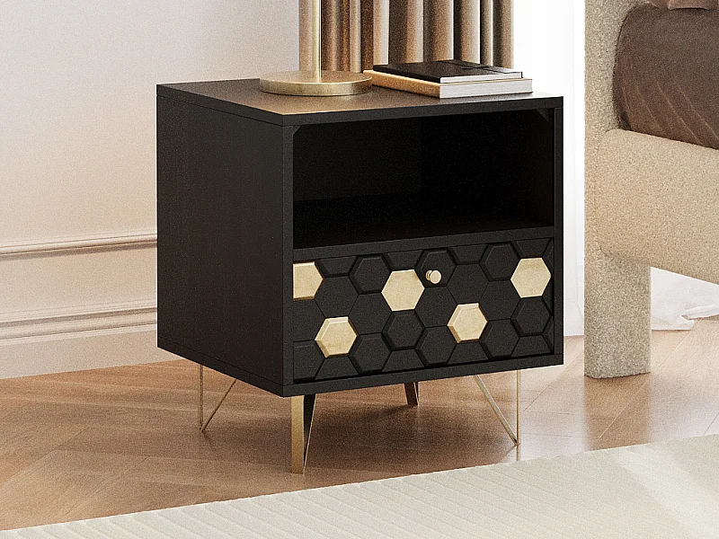 Lote de 2 mesitas de noche con 1 cajón y 1 hueco - Madera de mango y metal - Negro y dorado - BELORI