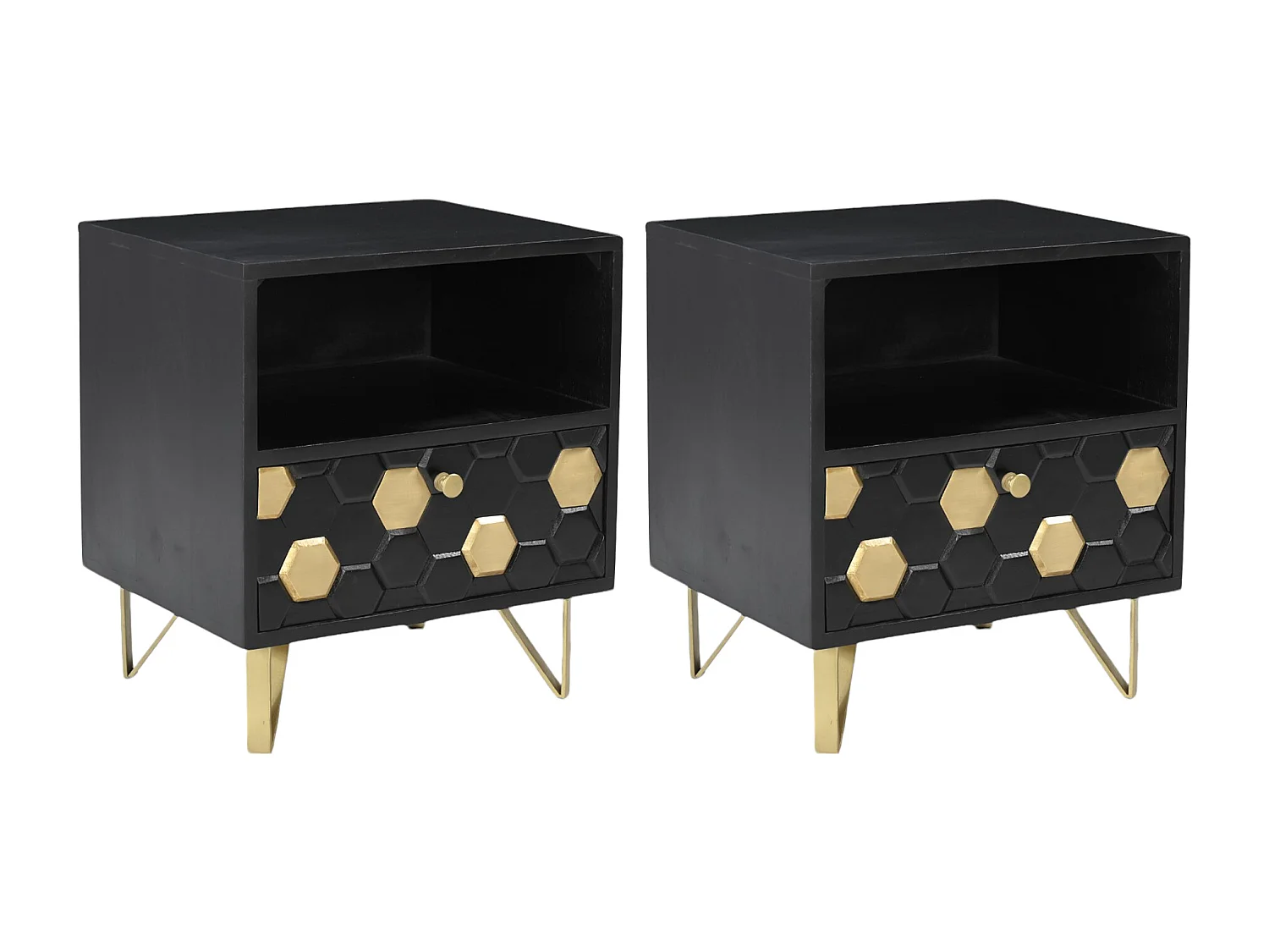 2er-Set Nachttische mit 1 Schublade & 1 Ablagefach - Mangoholz & Metall - Schwarz & Goldfarben - BELORI